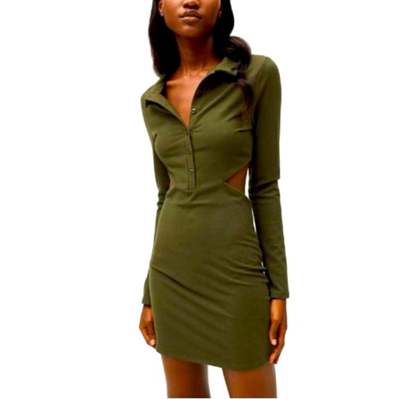 URBANN OUTFITTERS Olive Green Ribbed Long Sleeve Cut-Out Dress Small - Picture 1 of 7